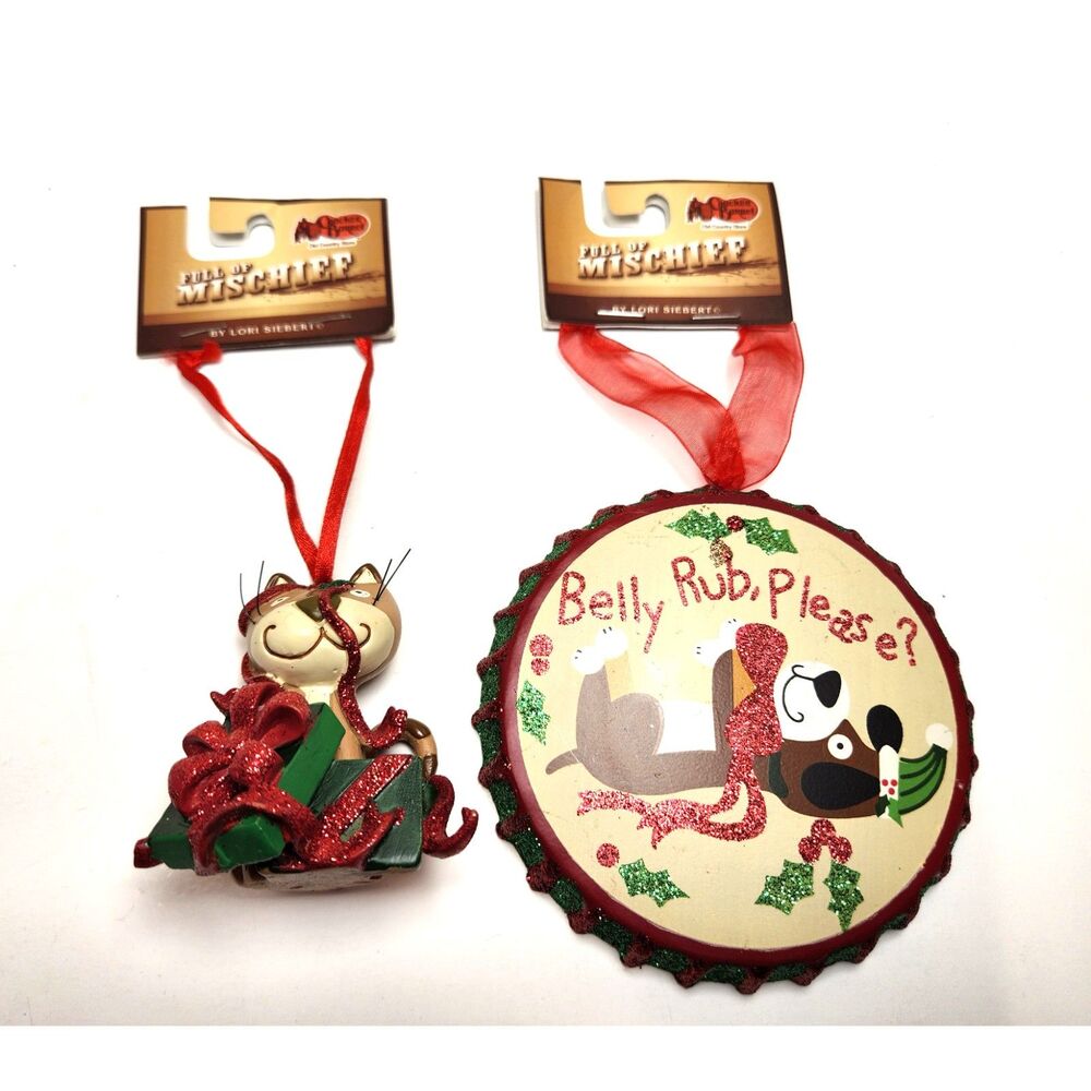 Dog & Cat Christmas Ornaments Cracker Barrel Full of Mischief Set of 2 Animals